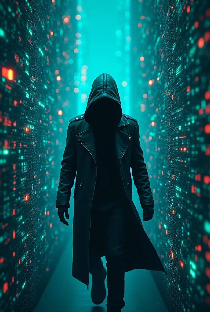3d man, In the depths of the virtual network, a figure shrouded in digital shadows navigates effortlessly, leaving behind whispers of their unmatched prowess in cyber warfare, with black hood, with a hood covering his face, facing forward