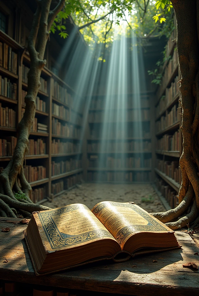 Old magic book on an old desk; inside a library almost consumed by tree roots; a bright ray of light crosses the library to illuminate the magical book; masterpiece; 8k; UHD