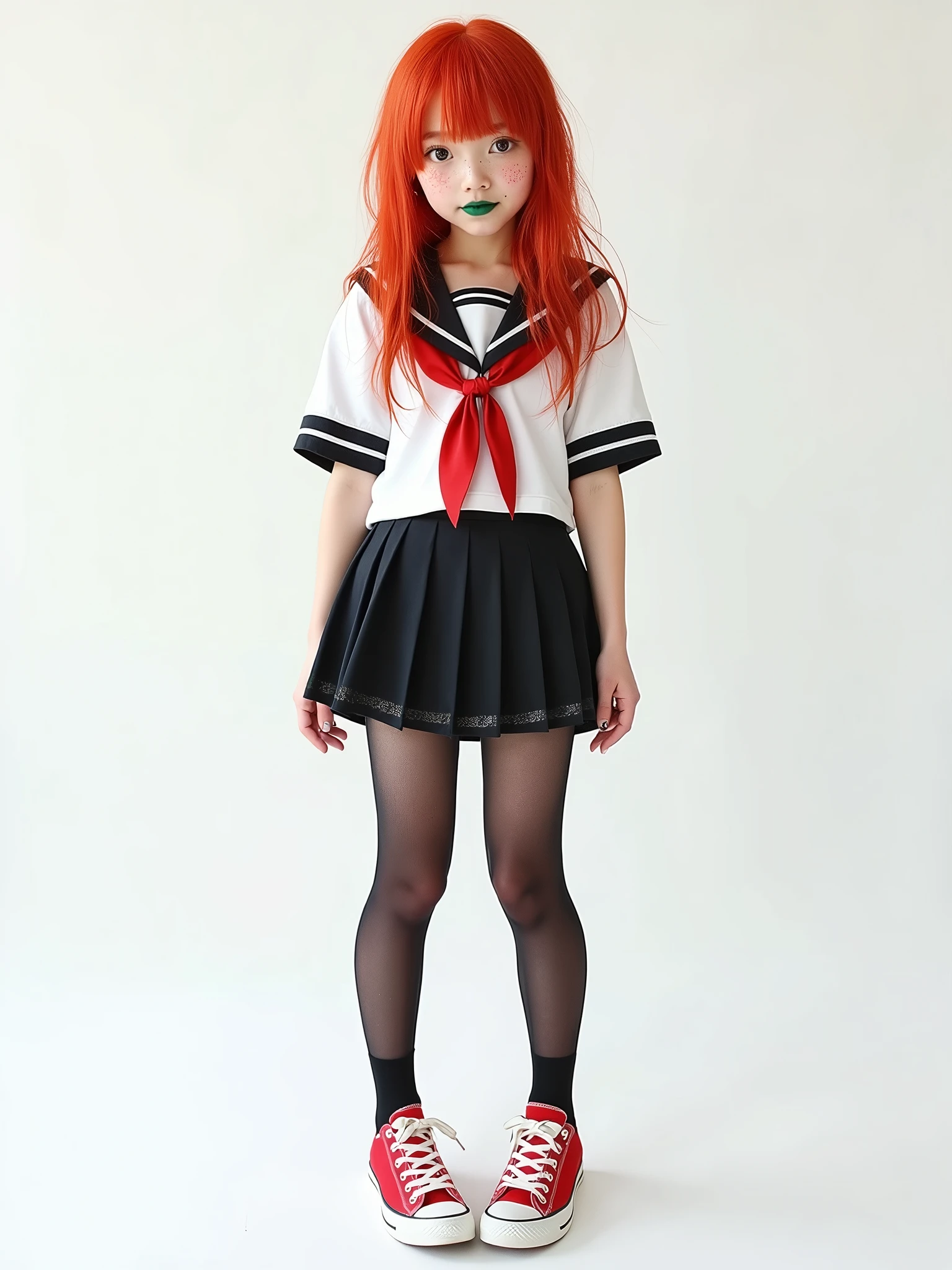 A red-haired woman, freckles, two-tone eyes, green lips, ((Japanese serafuku schoolgirl outfit)), short skirt, exposed panties, black semi-transparent stockings, red allstar sneakers, white background