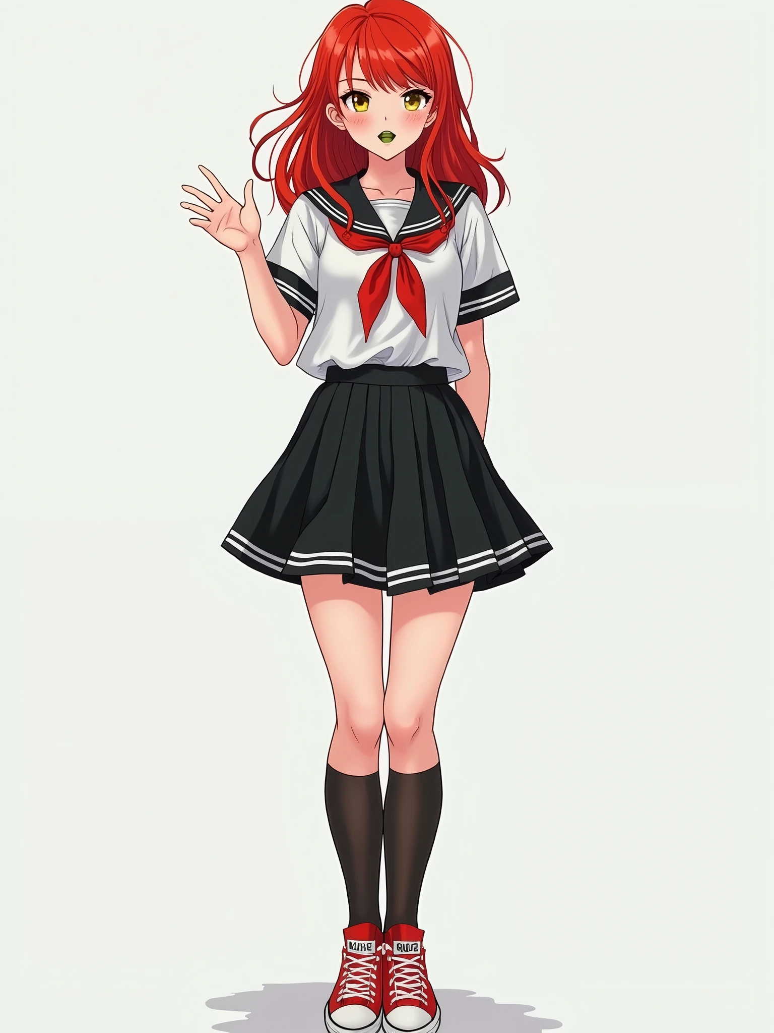 A red-haired woman, freckles, two-tone eyes, green lips, ((Japanese serafuku schoolgirl outfit)), short skirt, exposed panties, black semi-transparent stockings, red allstar sneakers, white background