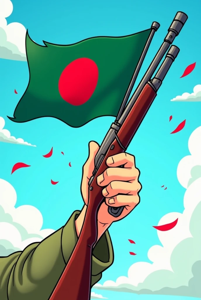 Cartoon hand carrying rifle and waving Bangladesh flag diagonally with clear sky and Red flakes chunks in the air in cartoon style.