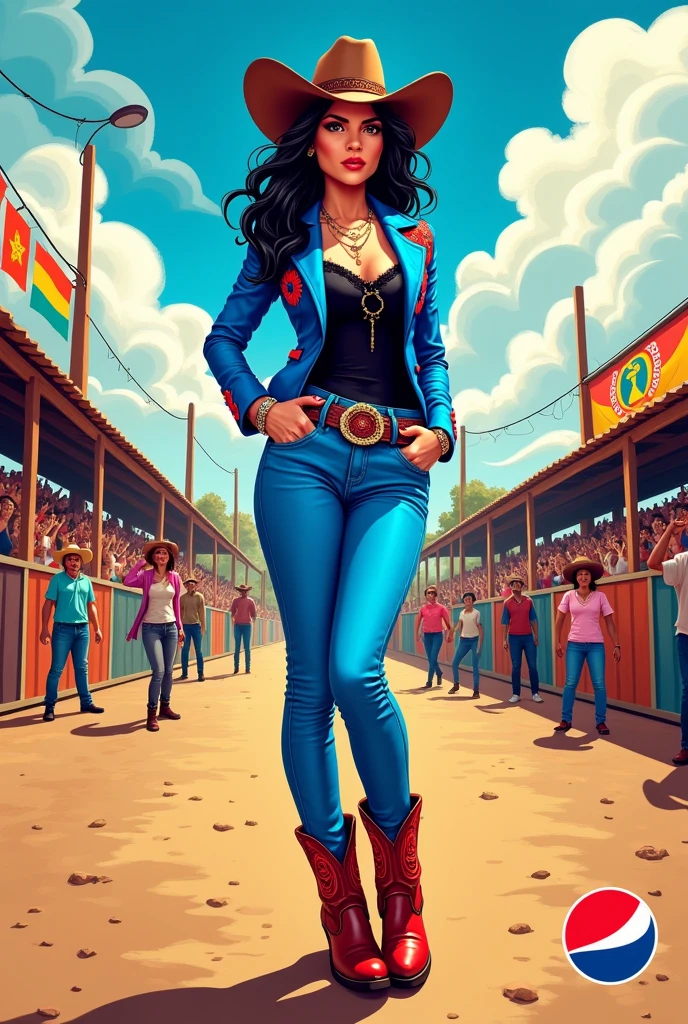 Make an artwork to promote the partnership between singer Ana Castela, Caucasian female, slim, big black hair, with a country hat, modeled, boots and buckle and bright blue clothes, red and black and the Pepsi company for the Barretos Rodeo Festival