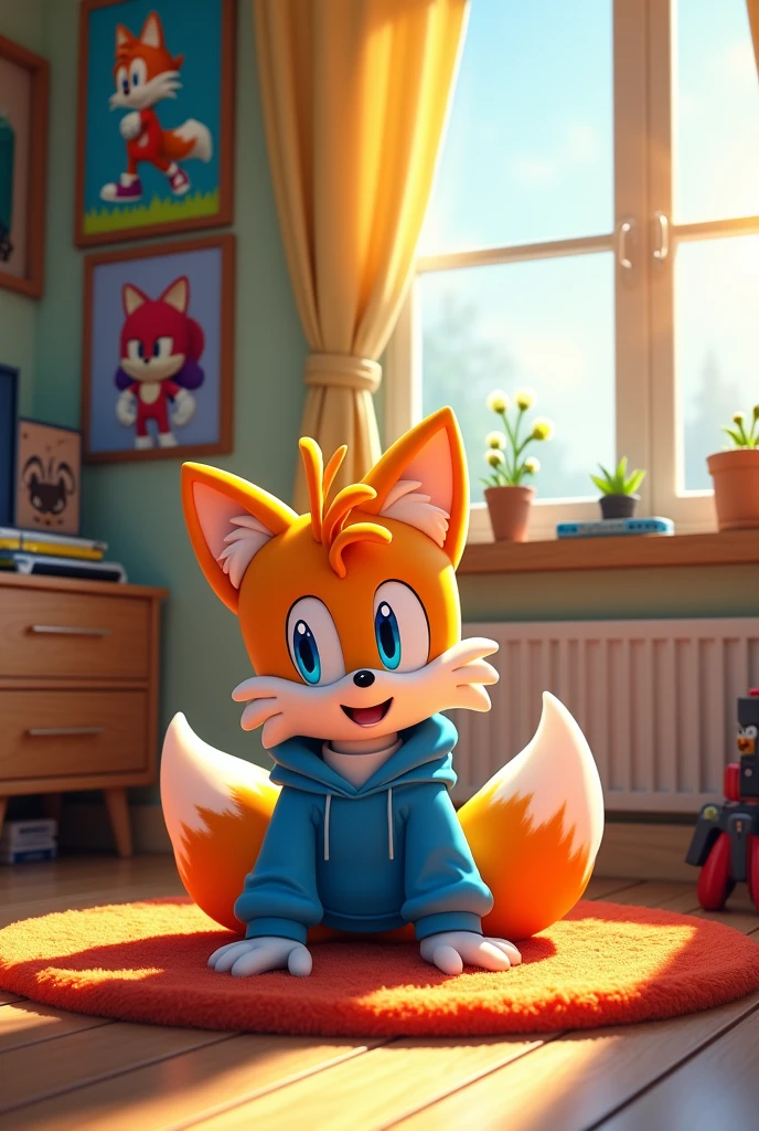Sfm Modern tails sitting on the floor in his room with his legs in a circle