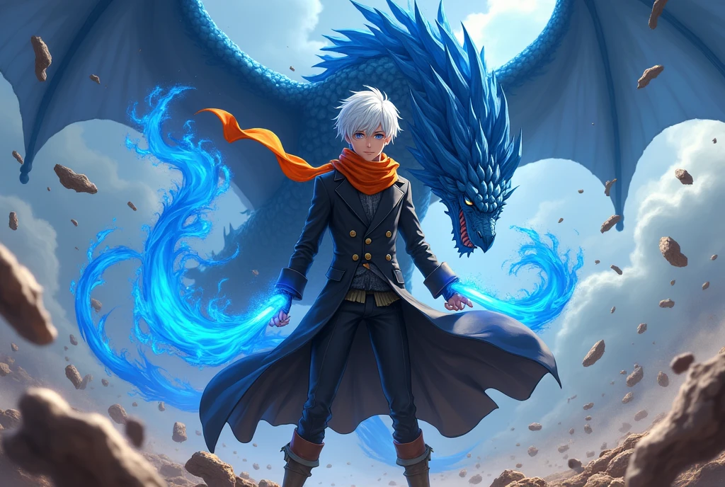 1 boy, ager, short white hair and blue eyes solo, boy, black coat with an orange scarf and black pants, anatomically perfect body, fairy tail anime style art, epic fight scene, with blue flames, epic battle, battle background with a flying blue dragon