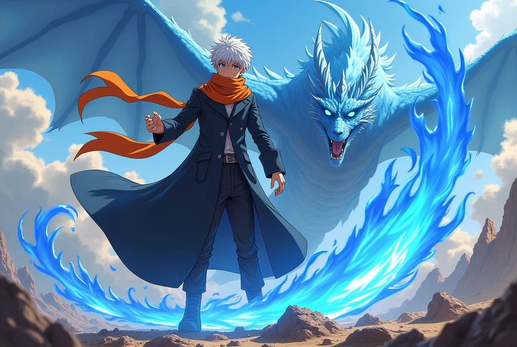 1 boy, teenager, short white hair and blue eyes solo, boy, black coat with an orange scarf and black pants, anatomically perfect body, fairy tail anime style art, epic fight scene, with blue flames, epic battle, battle background with a flying blue dragon
