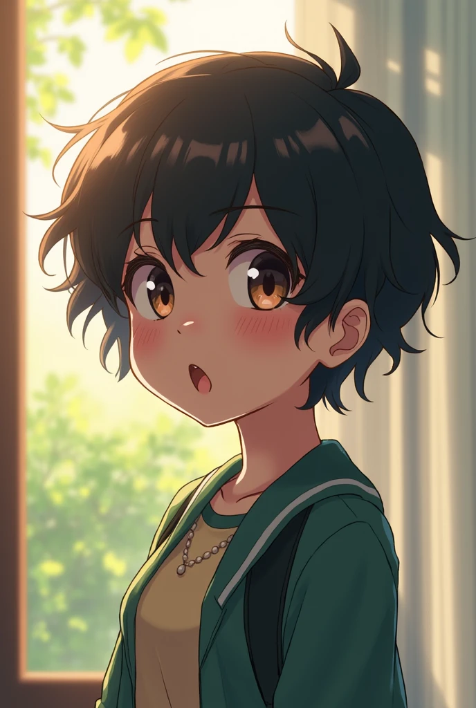 garota em estilo アニメ, Lively, facing a black boy, hair on the face, pretty, glad, quite a lot of details and in a school, アニメ.