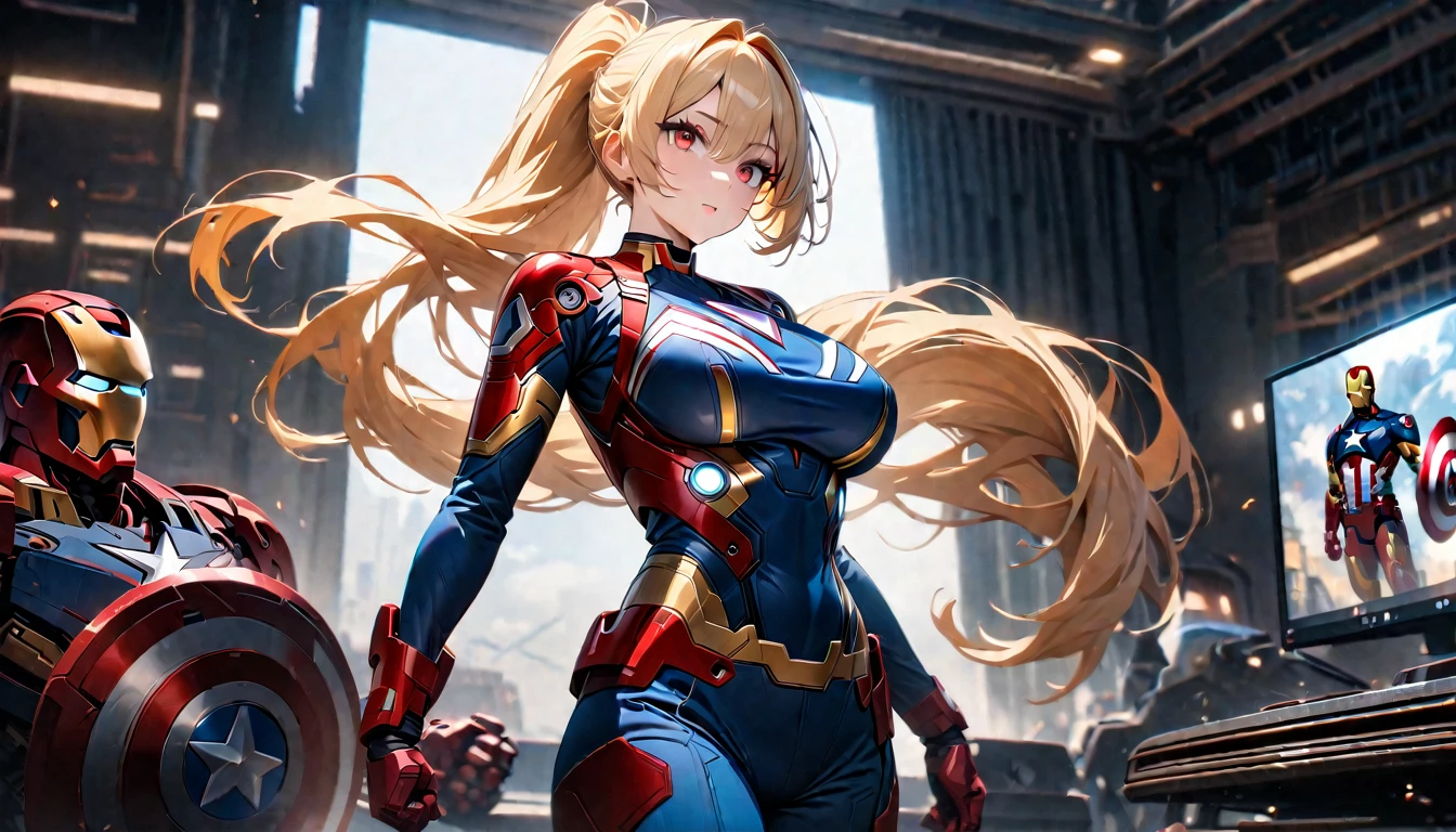 Young Woman, Long golden hair, High Ponytail, Red eyes, captain America, masterpiece, Highest quality, Full HD, 8k, Super detailed, Great graphics、Beautiful breasts、Big Breasts、Cowboy Shot、(Iron Man in the background:1.2)