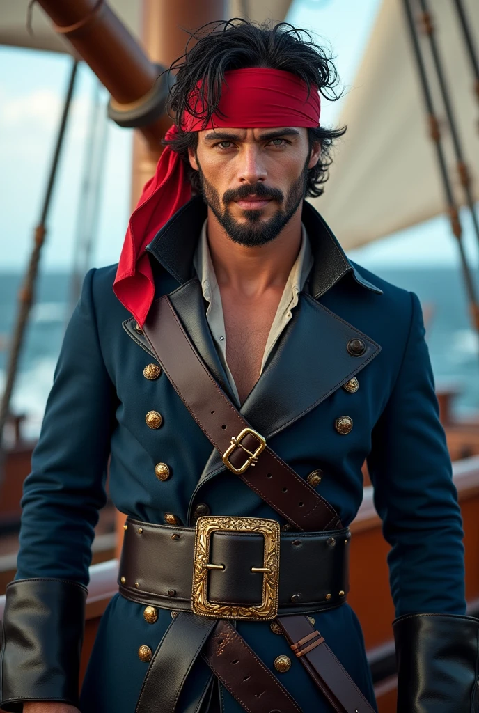 Generate a pirate captain with a red ribbon on his head, black hair, flirtatious olive green eyes, a flirtatious smile, dark blue captain's suit with black lines and on top of his suit he has a black and red strap with a gold buckle, his suit reaches his wrist and is folded backwards