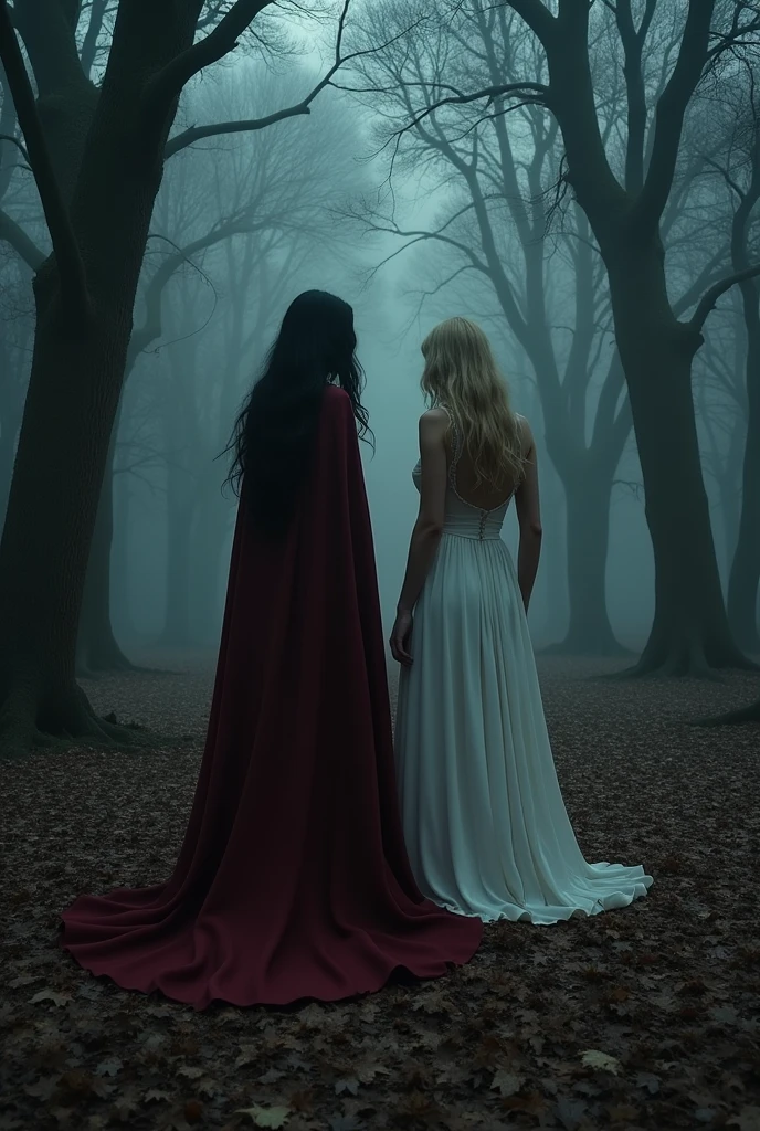 Two grown women, one with blonde hair the other with black hair, fuller and medium length, in the middle of a dark and suspenseful forest. the one with black hair is mysterious and wears a long burgundy dress with a cape and the blonde wears a simple long white dress.