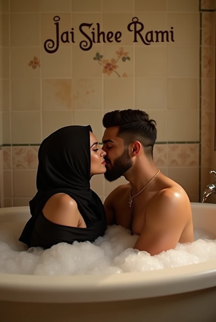 Girl, curvy hourglass body, wearing black hijab tube top, muscular Hindu pandit, kissing in bathtub, in the wall is written jai shree ram.