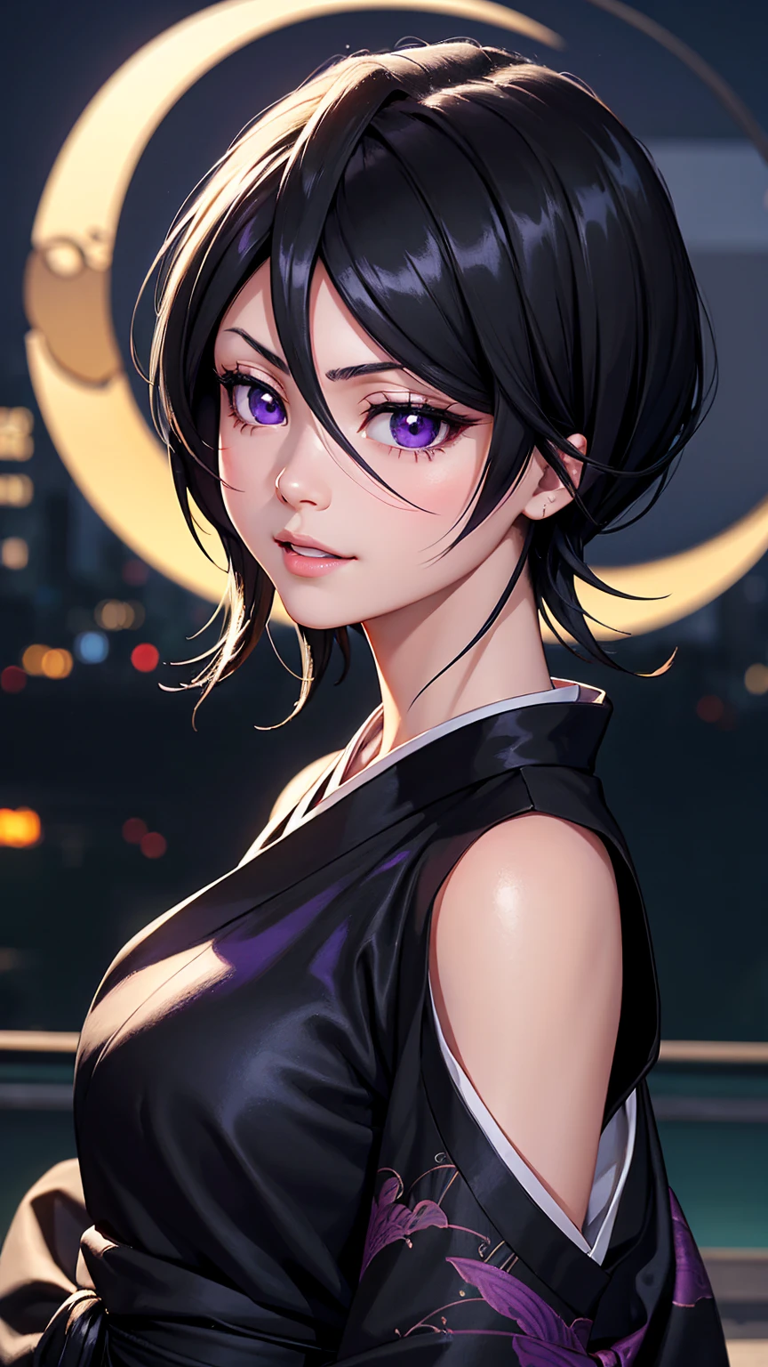 Highly detailed realistic work with high resolution, perfect lighting, face detailed, detailed hair detailed eyes detailed nose detailed lips, A beautiful girl with short black hair, purple eyes with a smile wearing a black kimono, city at night with a new moon, Rukia Kuchiki.