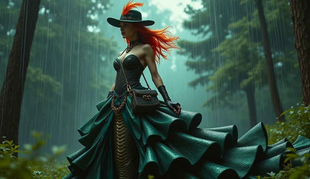 Red-haired snake woman,with a big, full, flared dress and a hat with a feather and a bag ,in green and black,background with pine trees and rain in the forest with lightning in the sky
