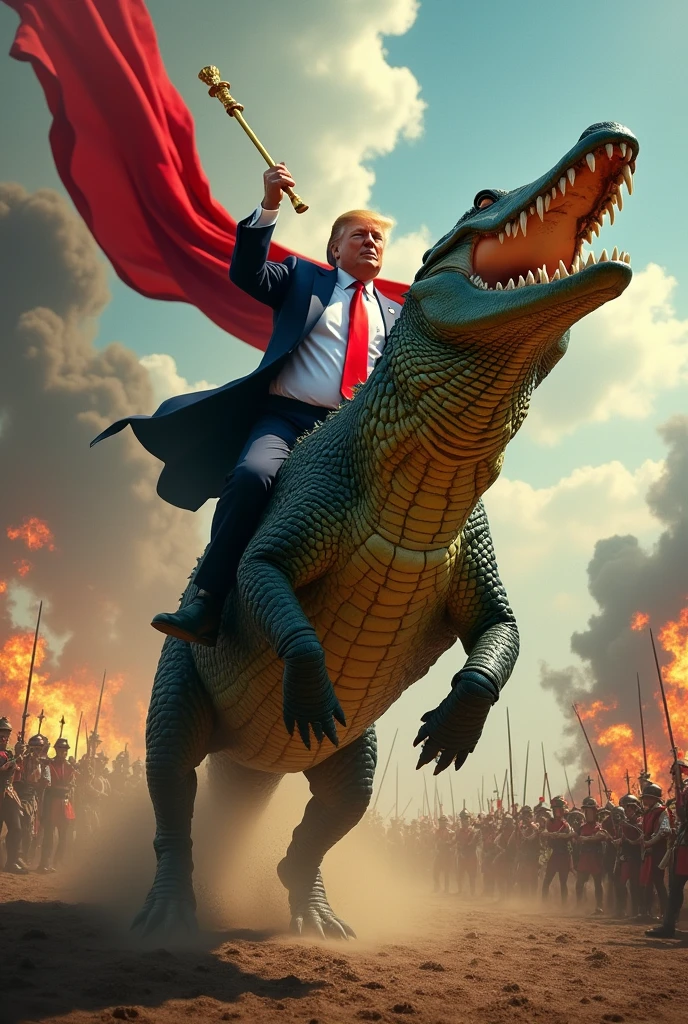 Donald trump riding an alligator into battle
