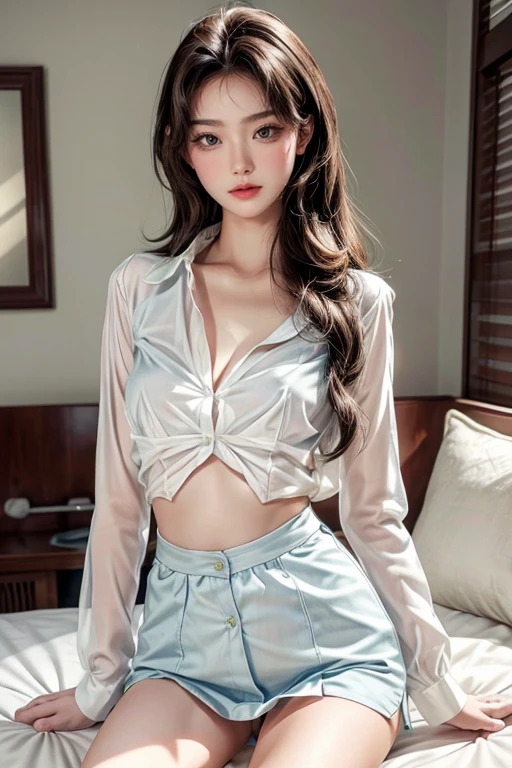 Top quality, RAW Photo, Highest Quality Image, 16K, Full body, Age 22 years old, Realistic, Photorealistic,  Beautiful Asian woman, Sexy, body, White pale skin, Beautiful hair, Wavy hair, Brown Hair,, Short hairstyle, Detailed face, Detailed body, Detailed skin, Double eyelids, Big eyes, long eyelashes, bright eyes, green eyes, natural lips, detailed lips, Saggy breasts, Very Small breasts, Flat Breasts, long shape breasts, posing in bedroom studio, sunny day light, wearing white see through shirt with all buttons are unbuttoned, no bra,