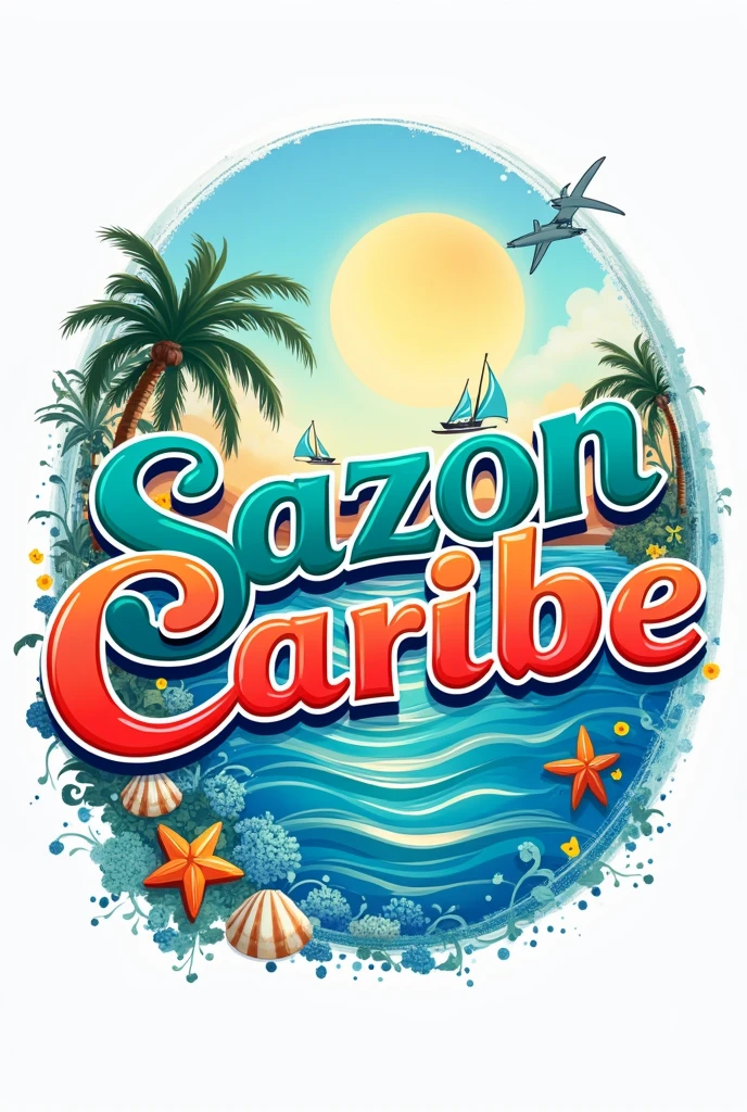 Create a wordmark logo with the name sazón Caribe in Spanish with a marine theme featuring a realistic illustration of the sea.