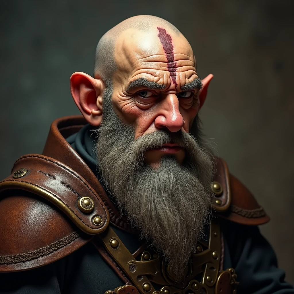 Old dwarf with a bronze beard, a dent in the head, a bald head and a steely gaze