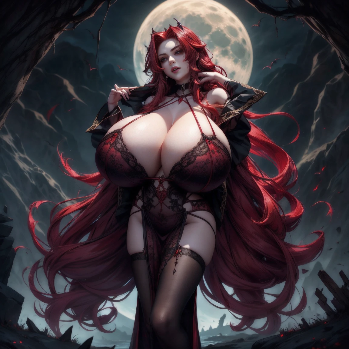 vampire Empress, fangs, vampire teeth, extremely long curly red hair, (gigantic tits:1.2) (cleavage:1.2) red lingerie, extremely skinny body, (thighgap:1.2), standing on cliff, full moon, horror atmosphere, hyper detailed anime art