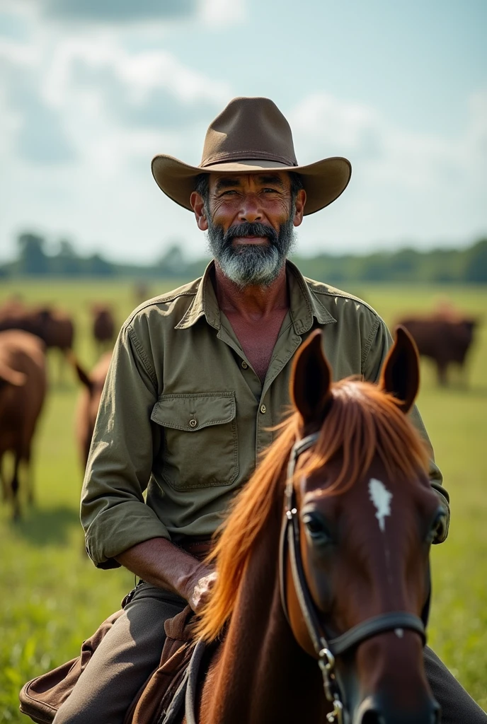 Pantanal cattle rancher in his 60s, dark close-shaven beard, dark-skinned Brazilian caboclo, Light brown bun hair, cowboy hat, mounted on horseback ,light eye, realisitic, farm and cattle background