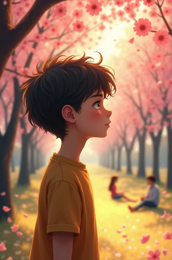 a boy looking at an apple tree