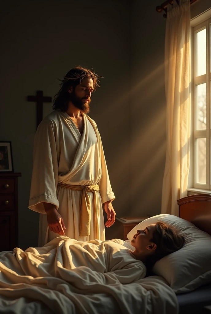 "Create an image of Jesus wearing a crown of thorns, quietly standing beside a bed in a dimly lit bedroom. The room has a peaceful ambiance, with soft moonlight filtering through a window. Jesus has a gentle, compassionate expression as He watches over a person who is peacefully sleeping. His presence is comforting, with a faint, warm glow surrounding Him, contrasting with the shadows in the room. The scene conveys a sense of protection, peace, and divine care."