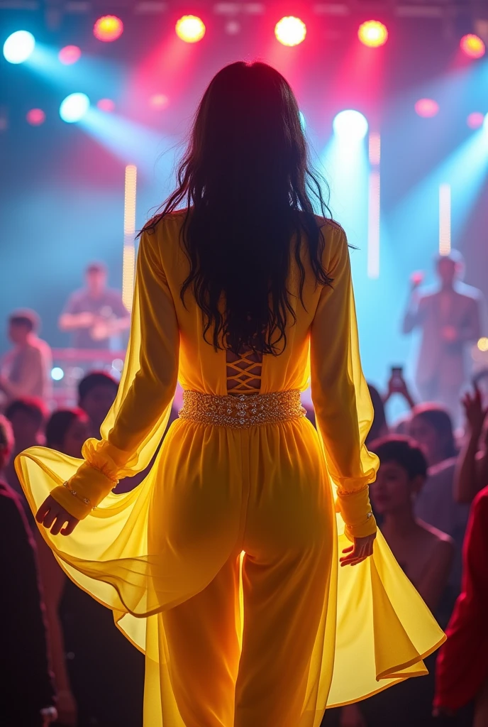 One woman。Yellow outfit in the style of a Korean idol。Back view。on stage。Music Station。