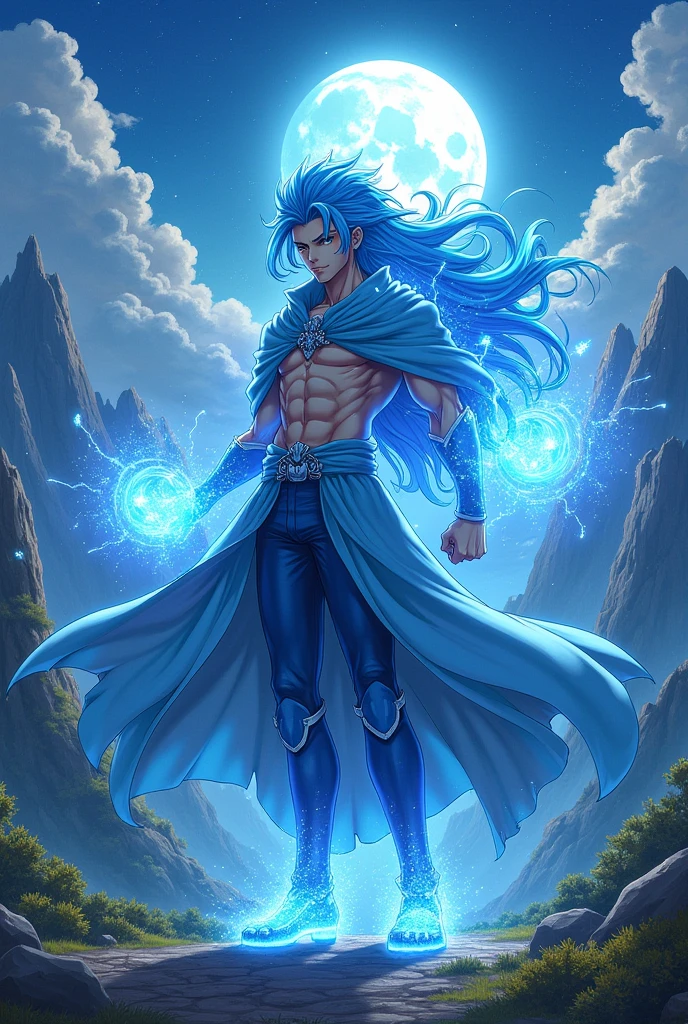 Anime guy with blue hair with shroud in fantasy anime style power move pose