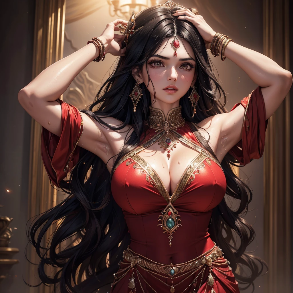 Single beautiful persian princess, wearing a fitted wet red sharara, long wavy black hair, (visible extremely sweat dripping from armpits 9.9) , (fully body covered in extremely glistening and shining sweat 9.9) , big breasts, white skin, backside visible with detailed facial features, beautiful detailed eyes, beautiful detailed lips, extremely detailed face, long eyelashes, portrait, (best quality,4k,8k,highres,masterpiece:1.2),ultra-detailed,(realistic,photorealistic,photo-realistic:1.37),dramatic lighting, warm color tones, vibrant colors