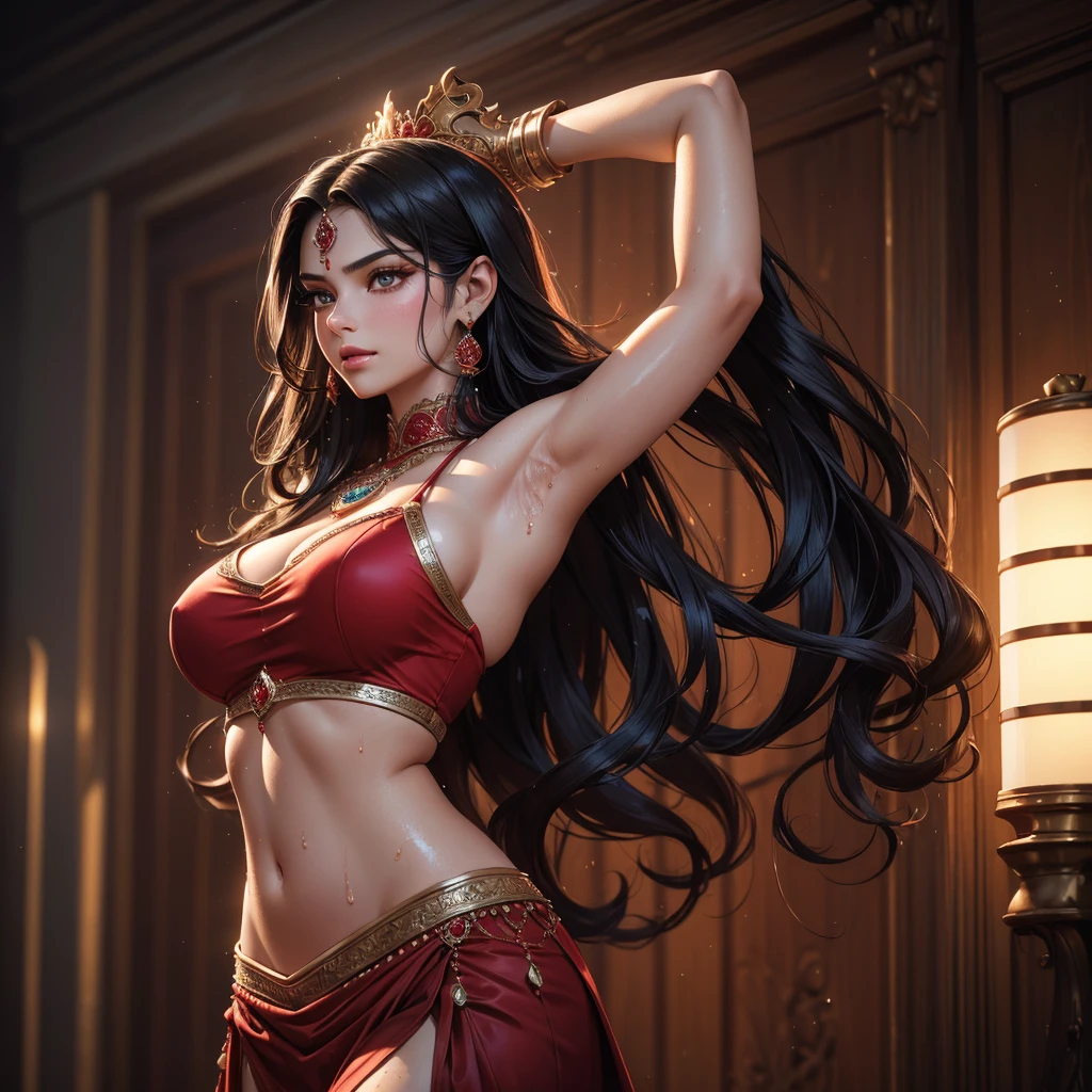 Single beautiful persian princess, wearing a fitted wet red sharara, long wavy black hair, (visible extremely sweat dripping from armpits 9.9) , (fully body covered in extremely glistening and shining sweat 9.9) , big breasts, white skin, backside visible with detailed facial features, beautiful detailed eyes, beautiful detailed lips, extremely detailed face, long eyelashes, portrait, (best quality,4k,8k,highres,masterpiece:1.2),ultra-detailed,(realistic,photorealistic,photo-realistic:1.37),dramatic lighting, warm color tones, vibrant colors