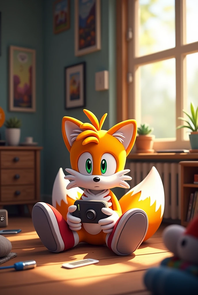 Sfm Modern tails sitting on the floor in his room with his legs in a circle 