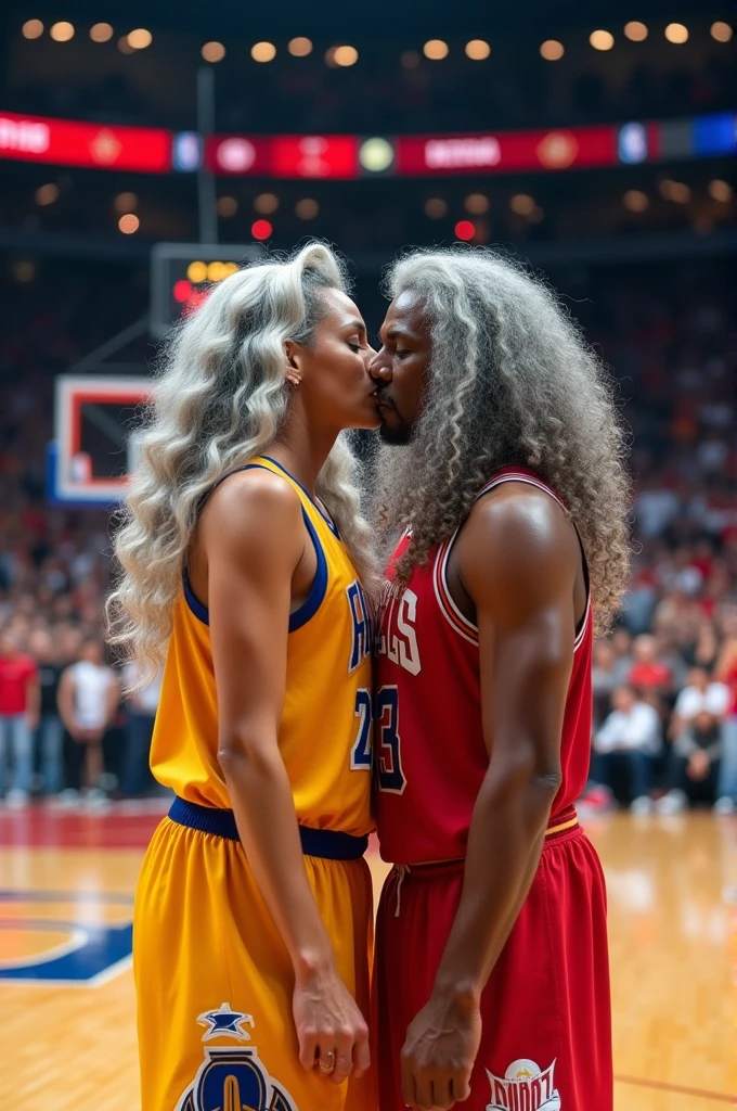 A beautiful youthful looking 
 American version of Ariana Grande as a 50 years old woman with very long hair completely gray hair in a long big curls styles as a retired
NBA player wearing her old NBA jersey in a nba stadium she is kissing a younger male basketball player in their 20s