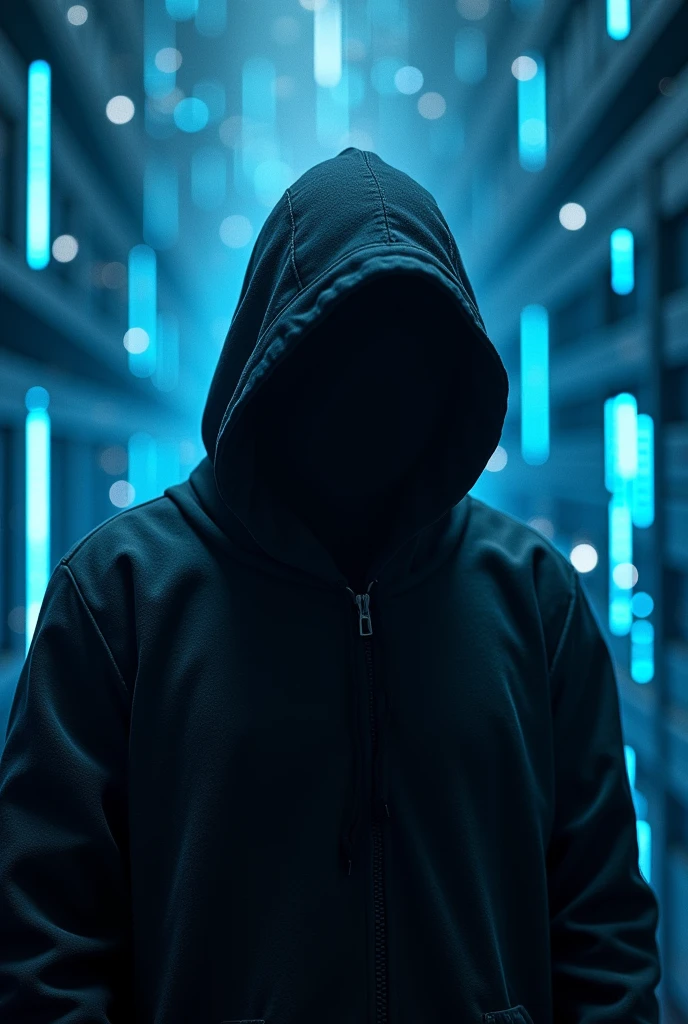 3d man, In the depths of the virtual network, a figure shrouded in digital shadows navigates effortlessly, leaving behind whispers of their unmatched prowess in cyber warfare, with black hood, with a hood covering his face, stopped and turned to face forward