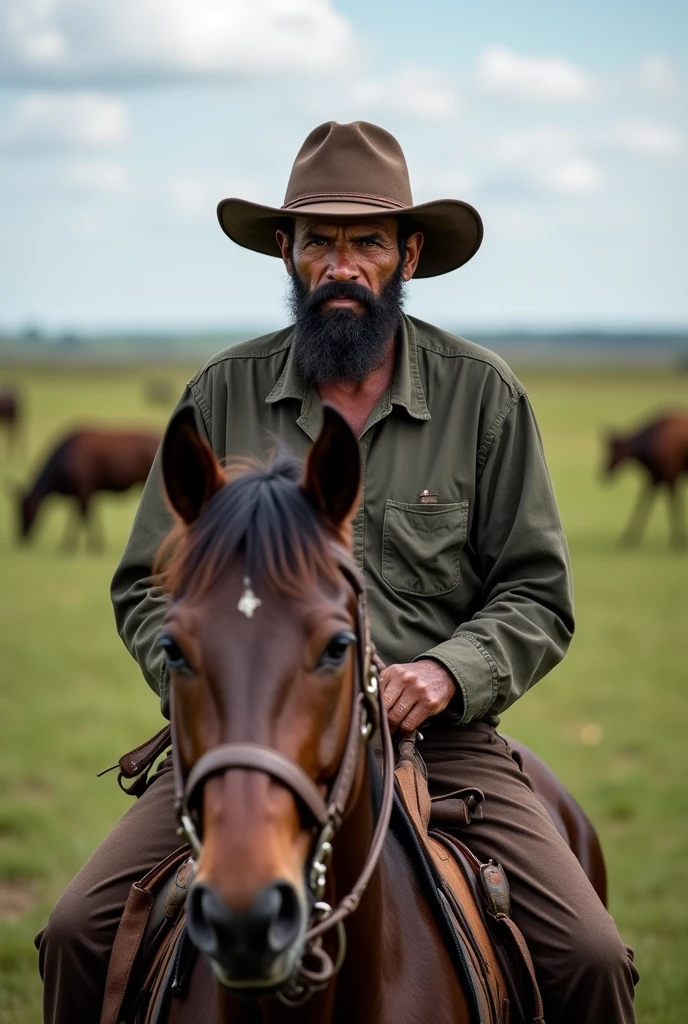 Strong 50-year-old Pantanal cattle rancher, dark close-shaven beard, dark-skinned Brazilian caboclo, Light brown bun hair, cowboy hat, mounted on horseback ,light eye, realisitic, farm and cattle background