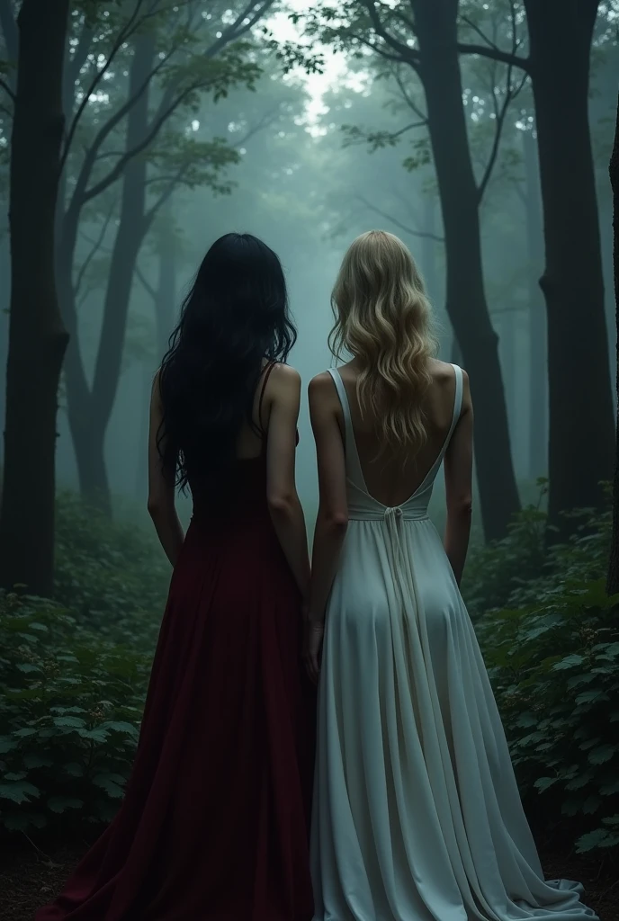 Two grown women, one with blonde hair the other with black hair, fuller and medium length, in the middle of a dark and suspenseful forest. The black-haired woman is mysterious and wears a long burgundy dress, while the blonde wears a simple long white dress..