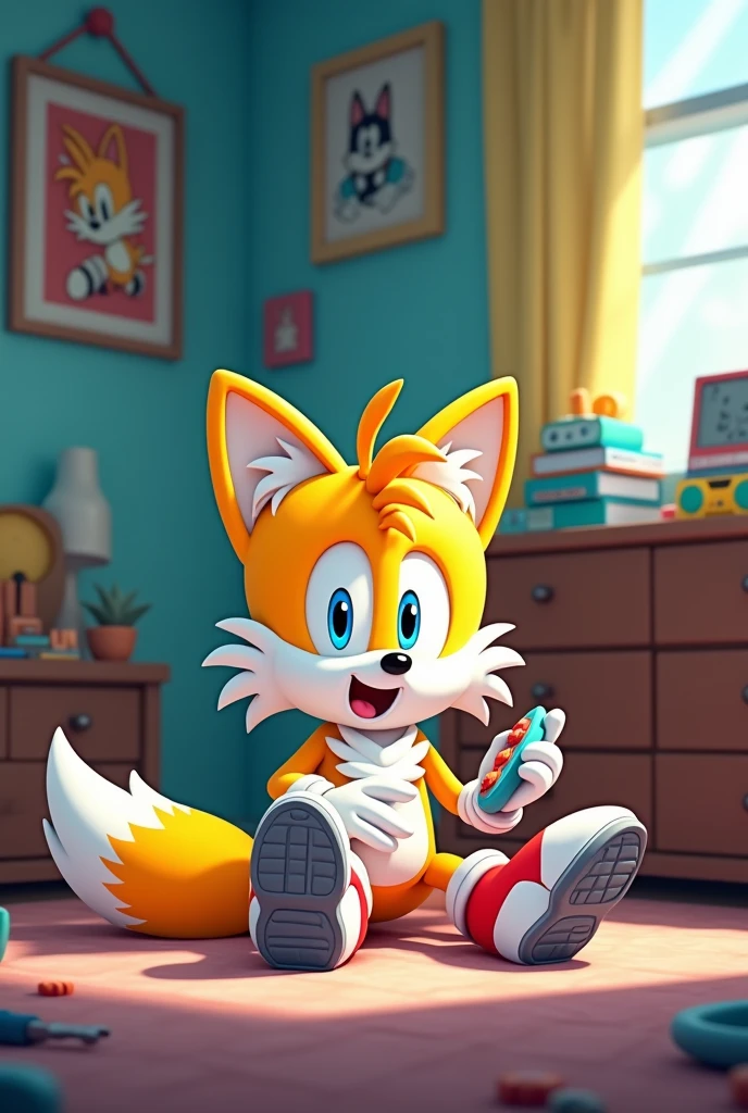 Sfm Modern tails sitting on the floor in his room with his legs in a circle 