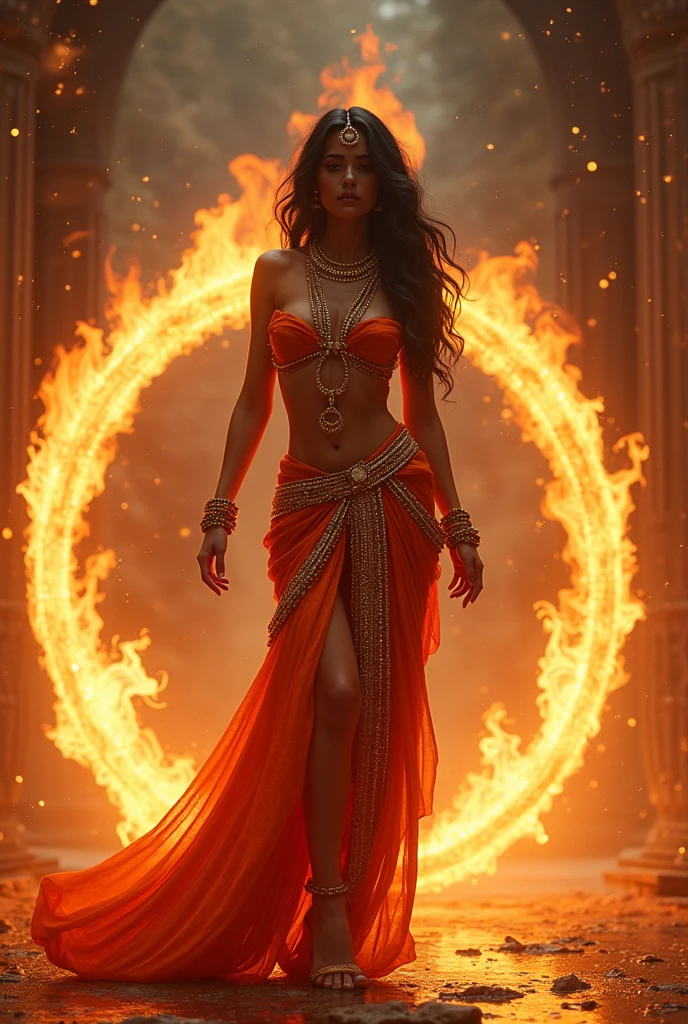 arafed woman with a chain around her waist and a ring of fire, a 3D render by Randy Vargas, Artstation, fantasy art, hot fire goddess, indian goddess, giant stunning goddess shot, voluptuous and arousing, epic 3 d oshun, beautiful goddess, the super hot and sexy, lisa ann, seductive and powerful, goddess queen