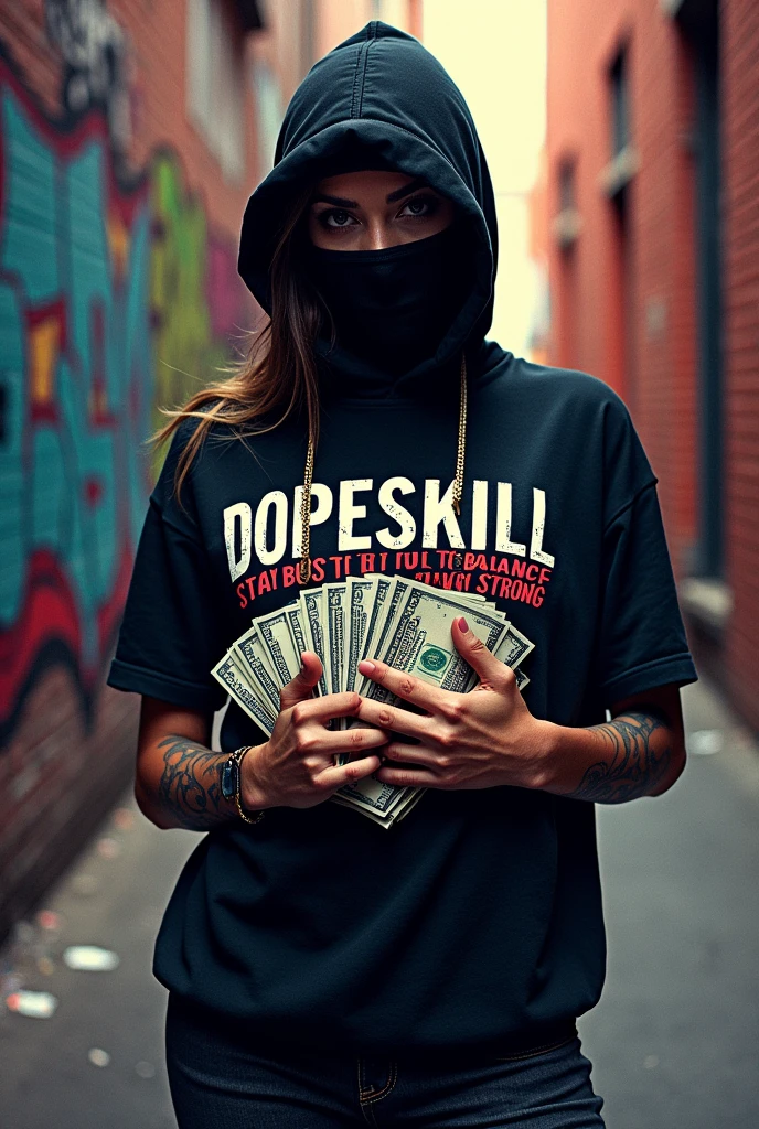 The T-shirt design is:
a woman wearing a ski mask and holding a stack of money. The text on the shirt says "DOPESKILL STAY BUSY TRYNA KEEP THE BALANCE STAY'IN STRONG".