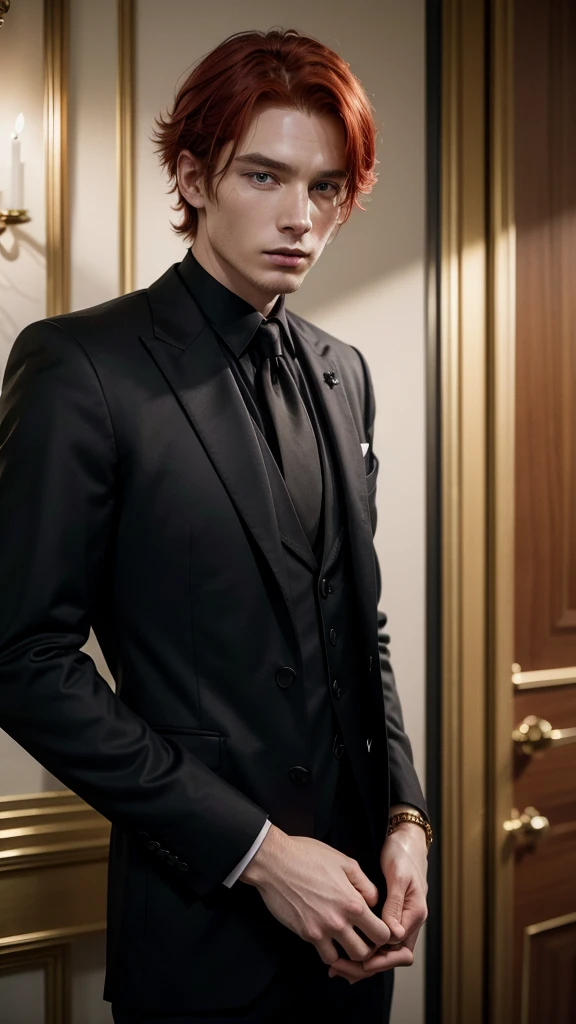 Red-haired man in a black suit with gold details