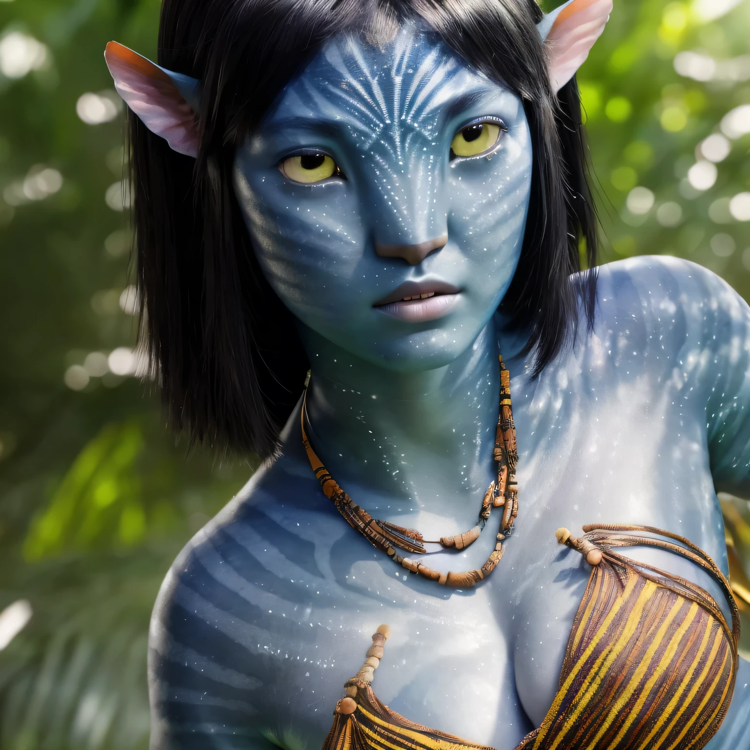 avtr:0.9, avatar style, portrait photo:1.6, 1girl:1, female, (asian, japanese), Rina Fukushi:1, gray skin color:1.0, (gray skin tone:1.3), (medium hair:1.0), black hair color, (), teen wearing tribal clothing, wearing a top:1, wearing a loincloth, blue eyes, chubby body, muscled body, glowing, ethereal atmosphere, natural lighting, textured skin, otherworldly beauty, mesmerizing photography, (best quality, highres), vivid colors, ultrarealistic, skin details, striped skin, sfw, face close-up, (eyebrowless:1.0), ultradetailed body