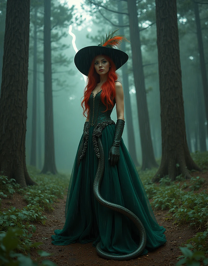 Red-haired snake woman,with a big, full, flared dress and a hat with a feather and a bag ,in green and black,background with pine trees and rain in the forest with lightning in the sky 