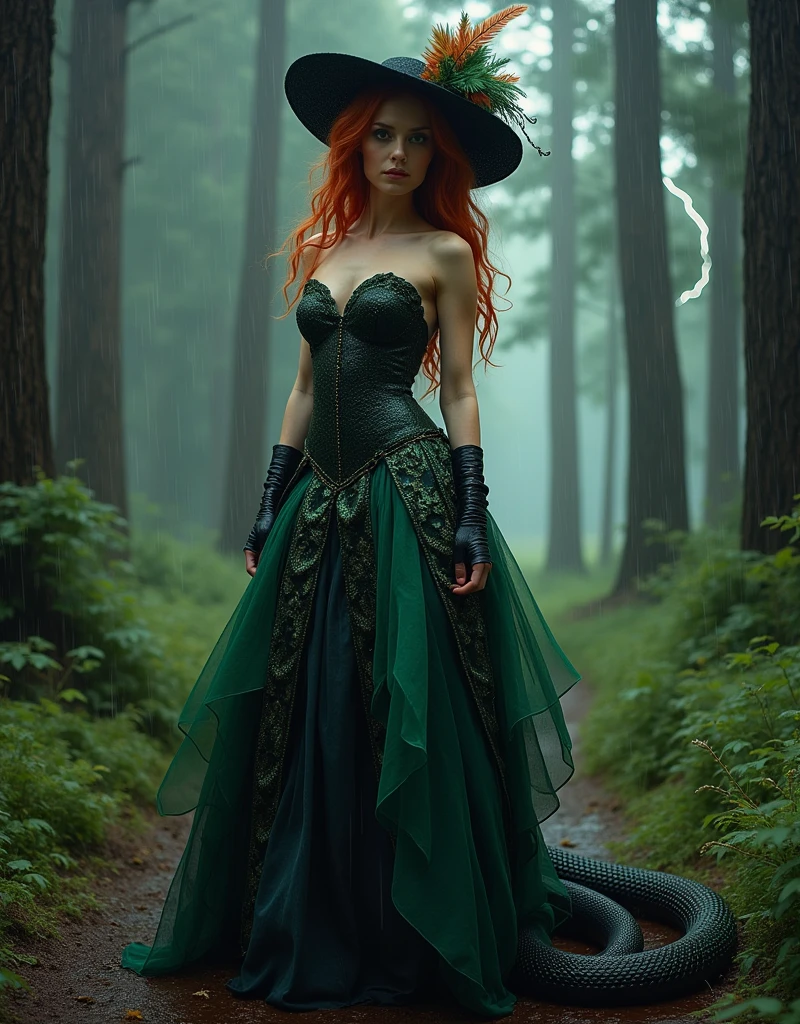 Red-haired snake woman,with a big, full, flared dress and a hat with a feather and a bag ,in green and black,background with pine trees and rain in the forest with lightning in the sky 