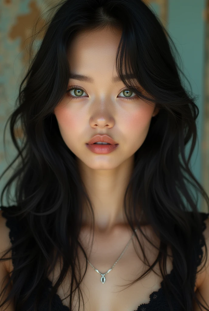 (photorealism:1.2),  Young woman in her 20s, aesthetic appearance , oval face, green eyes, long black hair and white skin, selfie, she wears a silver necklace, selfie::5, rustic::3, josephine wall::4, roberto ferri::5