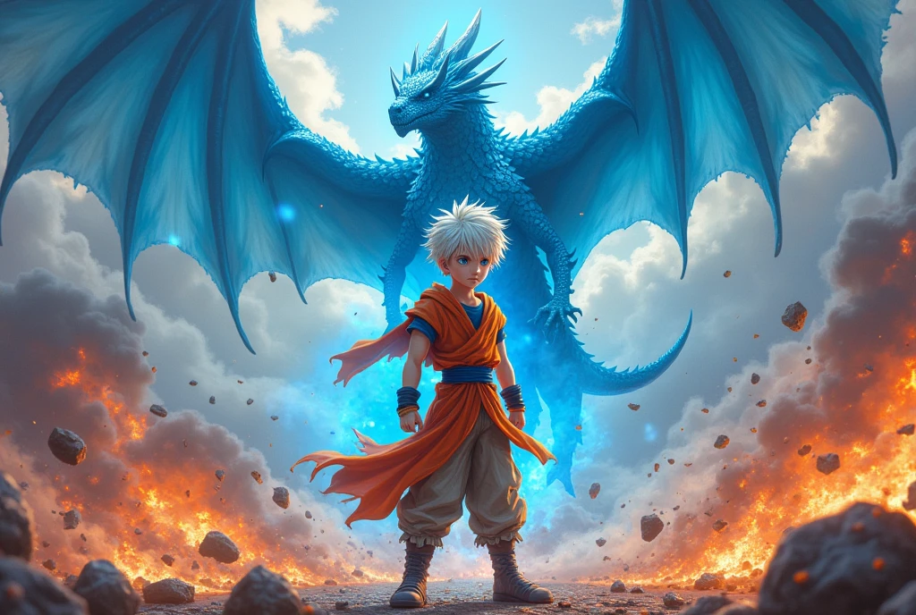 1 boy, teenager, short white hair and blue eyes solo, boy, clothes in orange and blue colors, anatomically perfect body, fairy tail anime style art, epic fight scene, with blue flames, background of a battle with a flying blue dragon