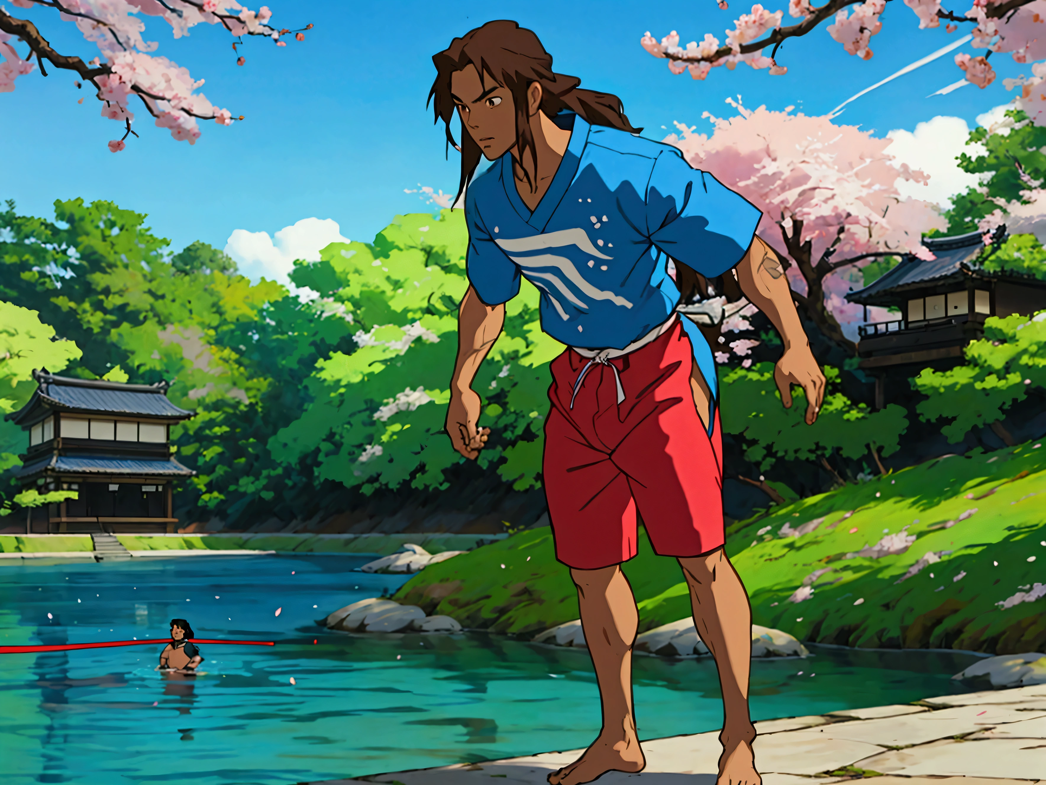 mulatto man, 30, long hair, brown eyes, blue light, wearing tee shirt and swim trunks, full body, day, old money, Samurai training under cherry blossoms