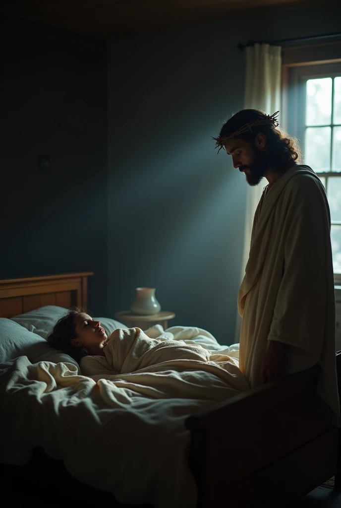 "Create an image of Jesus wearing a crown of thorns, quietly standing beside a bed in a dimly lit bedroom. The room has a peaceful ambiance, with soft moonlight filtering through a window. Jesus has a gentle, compassionate expression as He watches over a person who is peacefully sleeping. His presence is comforting, with a faint, warm glow surrounding Him, contrasting with the shadows in the room. The scene conveys a sense of protection, peace, and divine care."