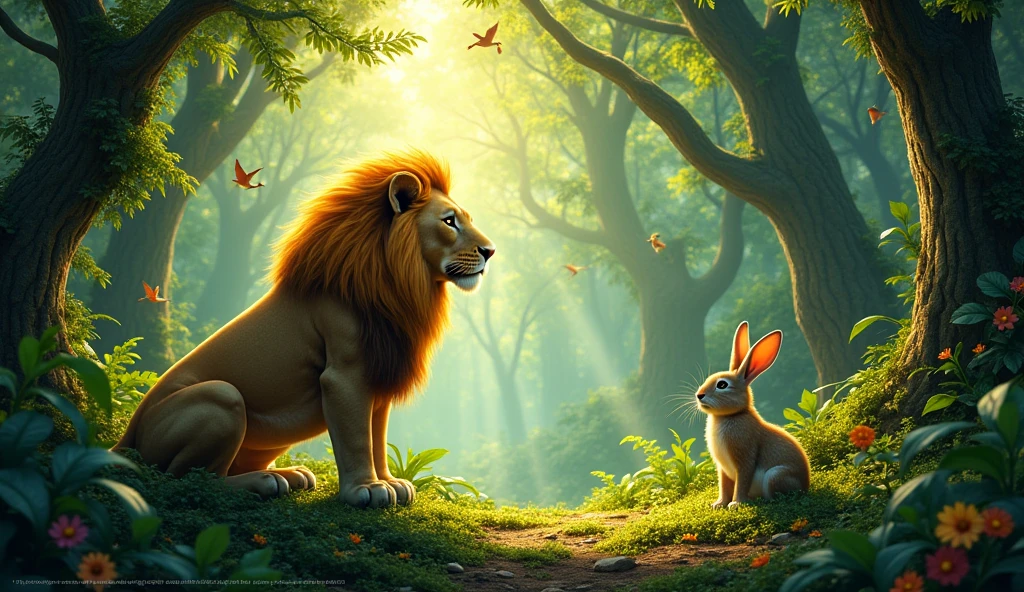 Jungle Scene: A dense jungle with tall trees and a variety of animals, showing a large, majestic lion and a small, clever rabbit.Lion Chasing Rabbit: The lion is looking fiercely at the rabbit, who is standing calmly, thinking of a plan.