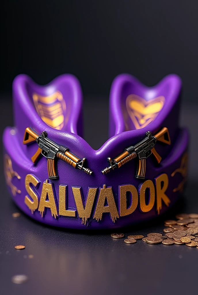 A purple and gold boxing mouthguard with the name Salvador on the front in graffiti style, On the left side an AK47 pointing at the name and on the right side an AK47 pointing at the name, On the inside there are 2 hearts, one heart with the letter V inside and another heart with the letter E inside.
