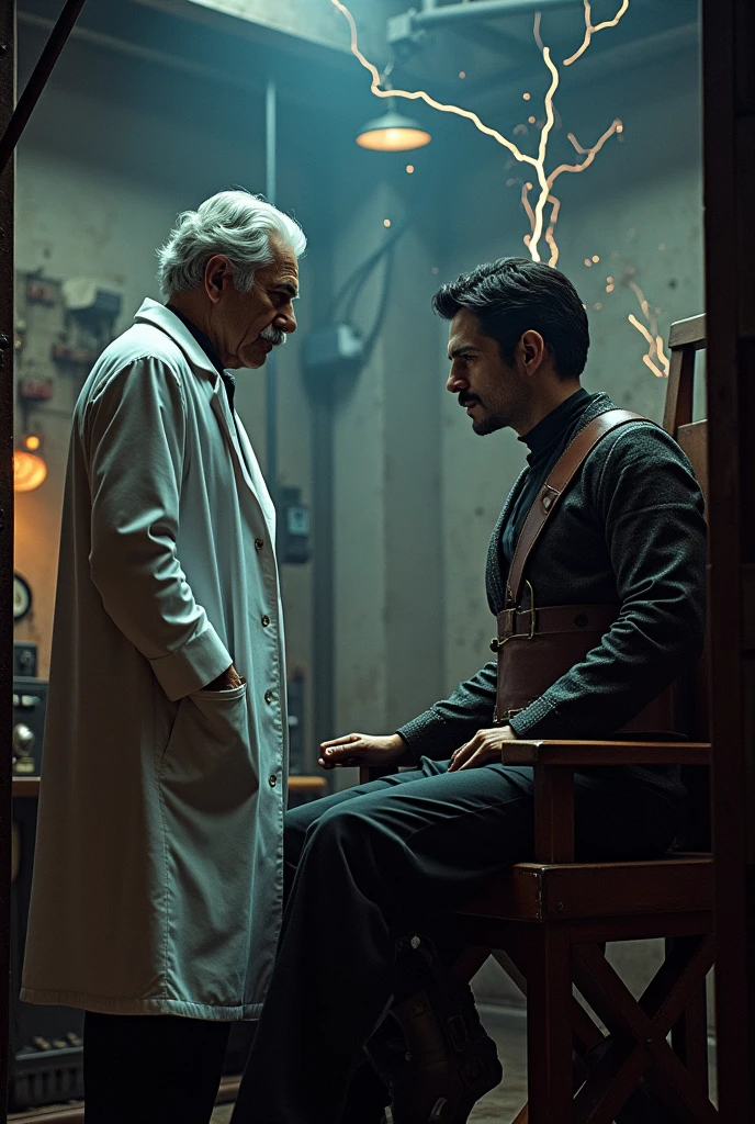 Make an image of 2 people inside a Faraday cage, a white-haired scientist gentleman ,and a man with a mustache and black hair and style similar to Nikola Tesla.
To the right of the image is Frankenstein in an electric chair.