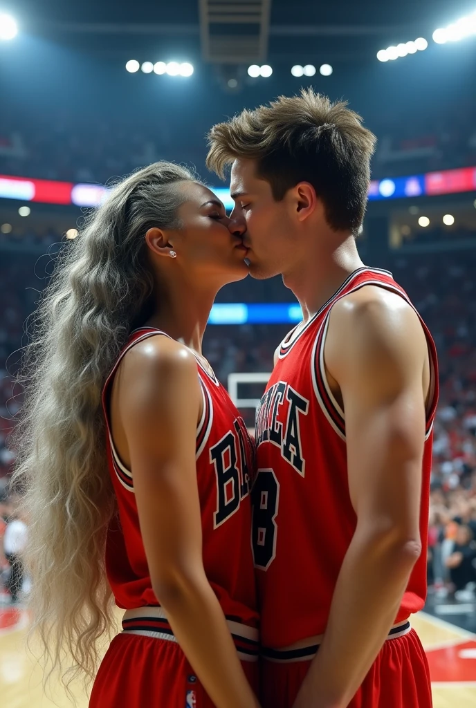 A beautiful youthful looking 
 American version of Ariana Grande as a 50 years old woman with very long hair completely gray hair in a long big curls styles as a retired
NBA player wearing her old NBA jersey in a nba stadium she is kissing a younger male basketball player in their 20s