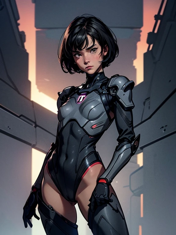 masterpiece, best quality, ultra realistic, hyper-detailed, 8k resolution, RAW photo, sharp focus, (1girl), solo, gorgeous face, slim body, Firm chest, flat chested, teen female, , portrait, mecha, dark grey armor, nanosuit, sexy, short hair, cinematic, butt, Buttocks, cameltoe, cute bum, cinematic light, dark theme