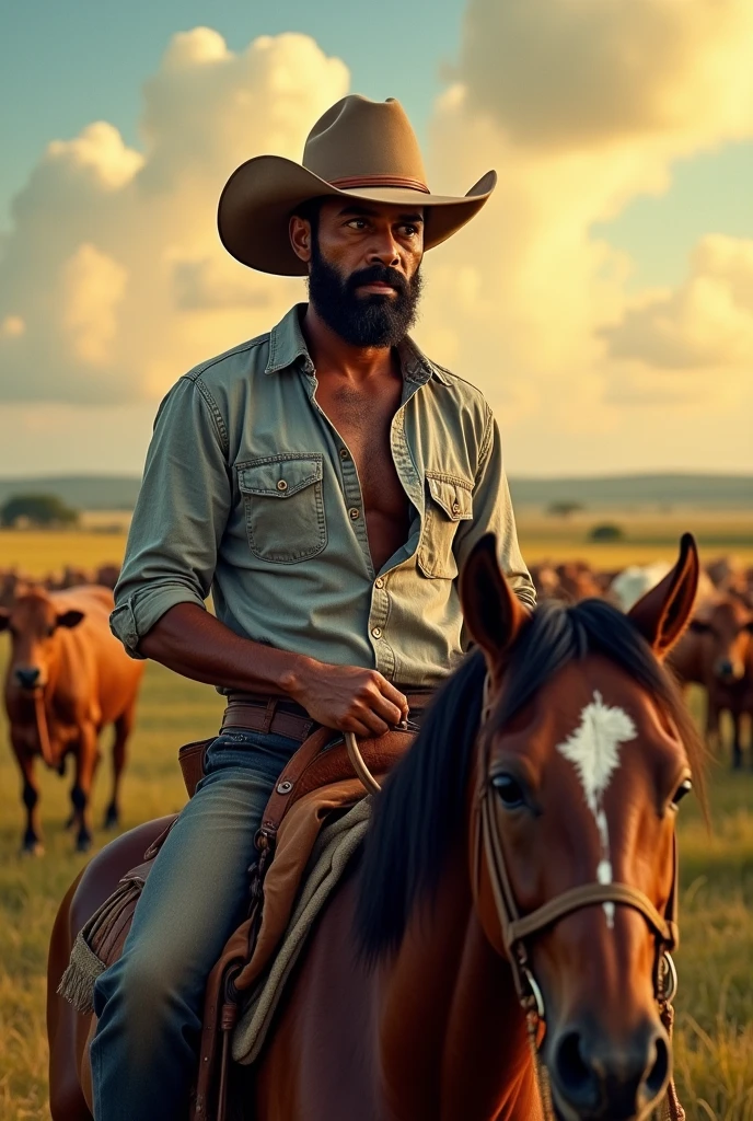 40-year-old strong Pantanal cattle herder, dark close-shaven beard, dark-skinned Brazilian caboclo, Light brown bun hair, cowboy hat, mounted on horseback ,light eye, realisitic, farm and cattle background